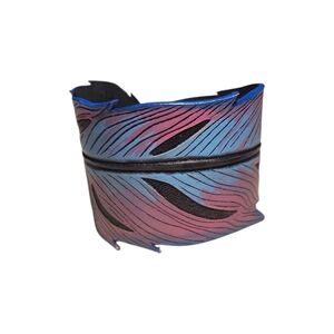 Handcrafted Blue-Pink Feather Leather Cuff Bracelet for Women